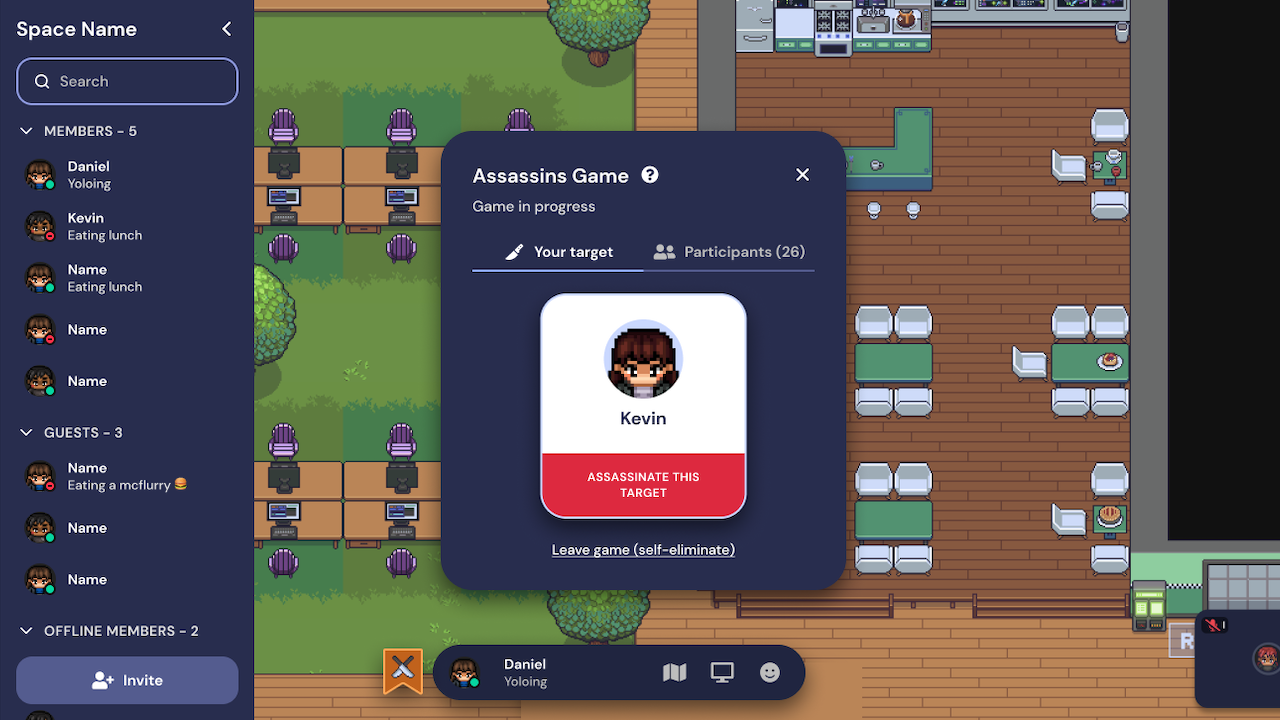 A Gather office Space with the Assassins Game modal open. An avatar named Kevin is the target.