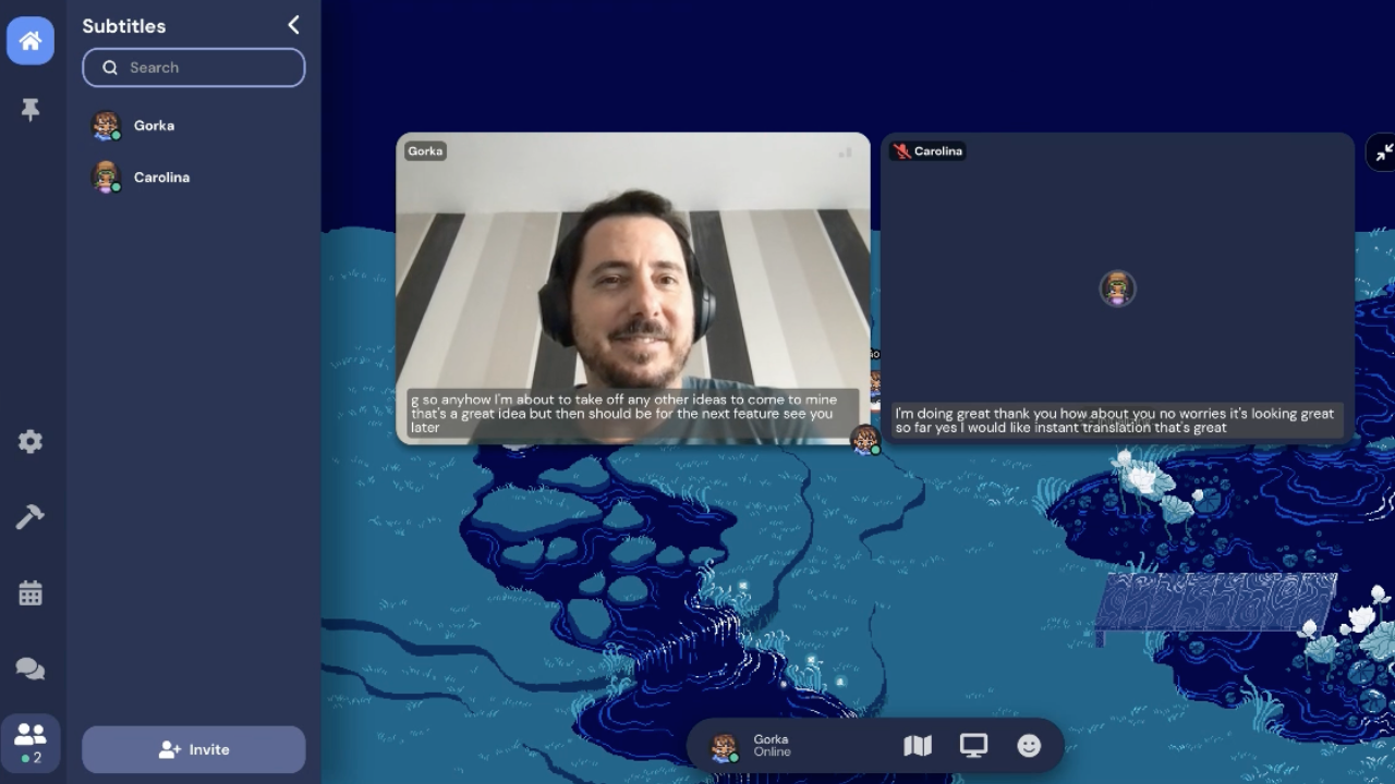 The Gather moon pond Space with two videos enlarged on the screen. In the video on the left, a smiling man wearing headphones has a caption at the bottom of his video. In the video on the right, the video stream is turned off, but a line of captions displays.