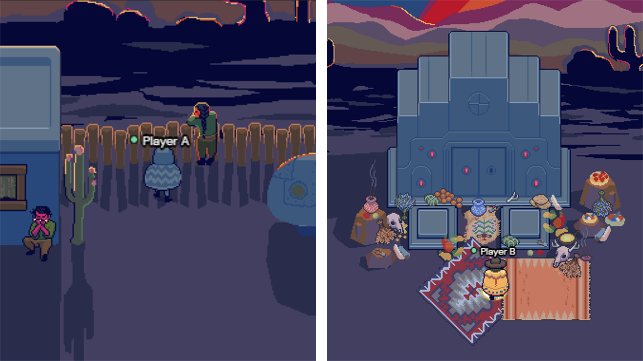 Side by side images of the RPG Space, which feature purple ground and a mountainous sunset in the background. In the left image, an NPC is playing a harmonica outside a building, and Player A is approaching an NPC that's looking over a fence. On the right, Player B stands in front of a building, with colorful rugs, skulls, gourds, and other objects are heaped in front of the door.