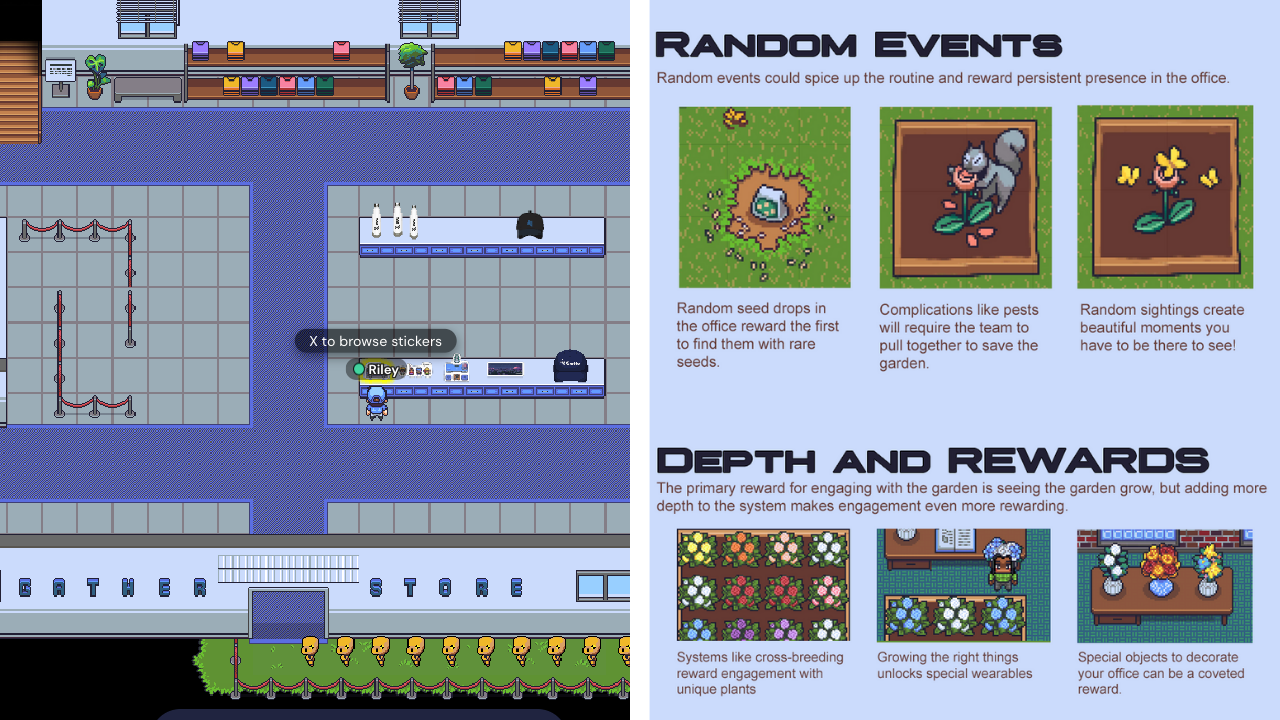 Side by side images of the swag store and garden town maker week projects. The left image shows a store in Gather with Riley standing in front of a merch table, with a prompt of X to browse stickers. The right is a poster featuring images from Garden Town, broken into Random Events and Depth and Rewards.