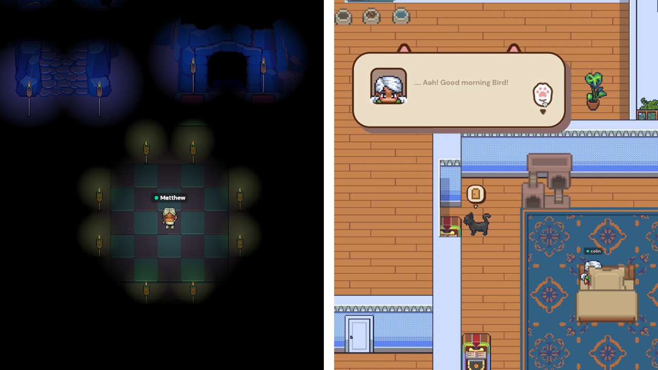 Side by side images of the weather effects and the best friend maker week projects. On the left is a character named Matthew standing on a tiled floor, surrounded in a "fog of war" as illustrated by a dimly lit ring of candles around him. On the right is the Best Friend apartment, with a dialogue box reading "Aah! Good morning Bird!" and a black cat standing in front of a bedroom door.