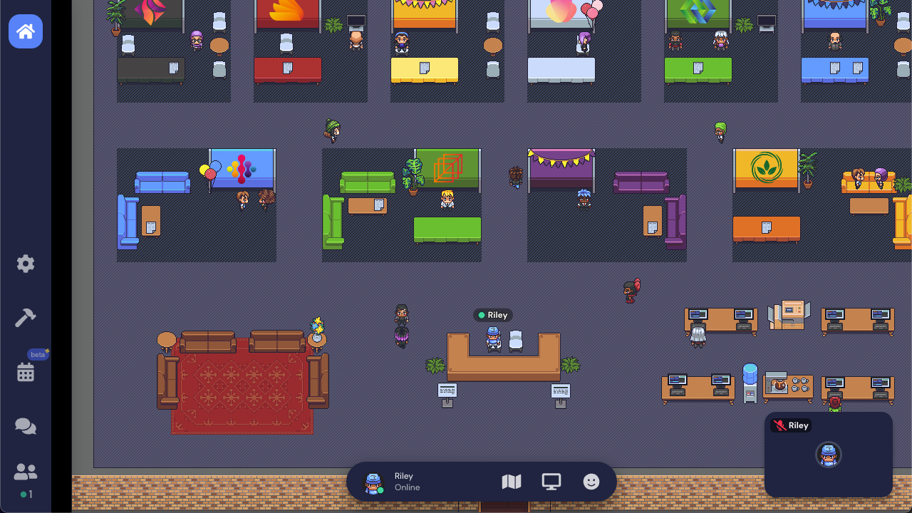 A job fair Space in Gather. There are ten booths visible in different colors with logos, tables, and chairs. Avatars are in the booths and walking in the Space.