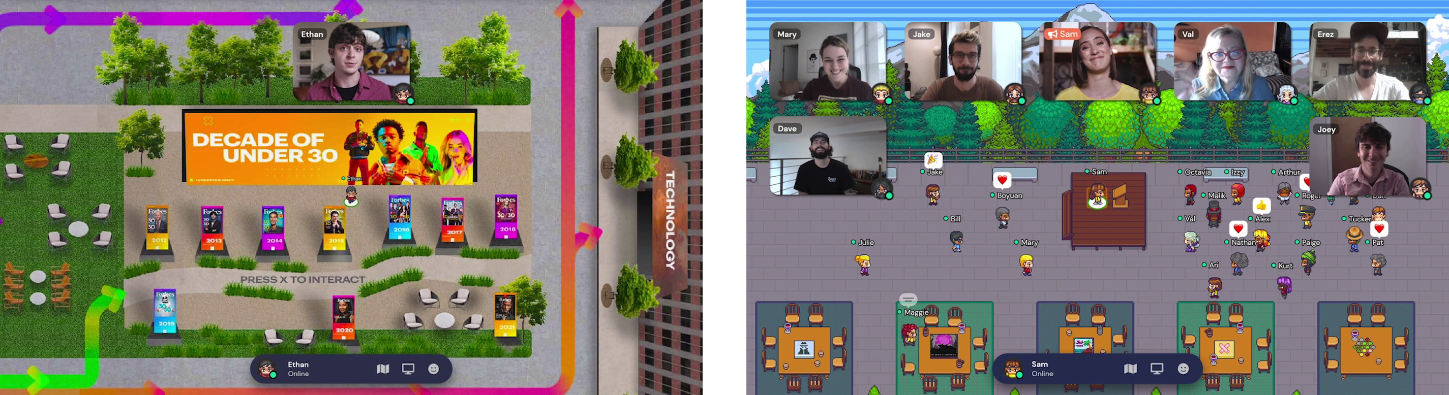 Two screenshots of Gather Spaces. The image of the left shows the Decade of Under 30 outdoor gallery in the Forbes 30 under 30 Space. The image on the right shows seven video streams and an outdoor Space full of avatars talking to each other and using emojis. The Space shows a view of trees and mountains in the background, with groups of tables and chairs alongside a stage.