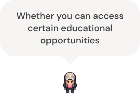 An avatar with a speech bubble says "Whether you can access certain educational opportunities."