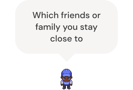 An avatar with a speech bubble says "Which friends or family you stay close to."